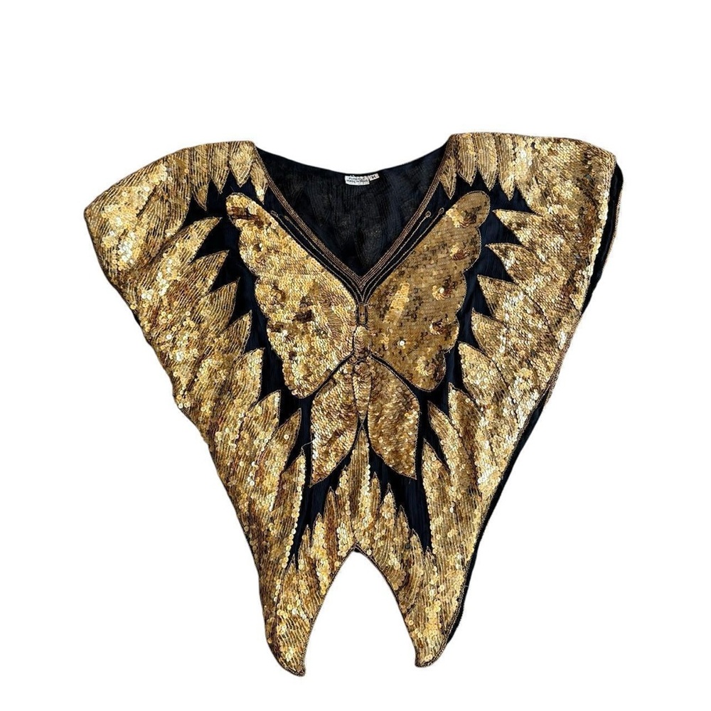 70s vintage retro boho glam black and gold sequined butterfly top